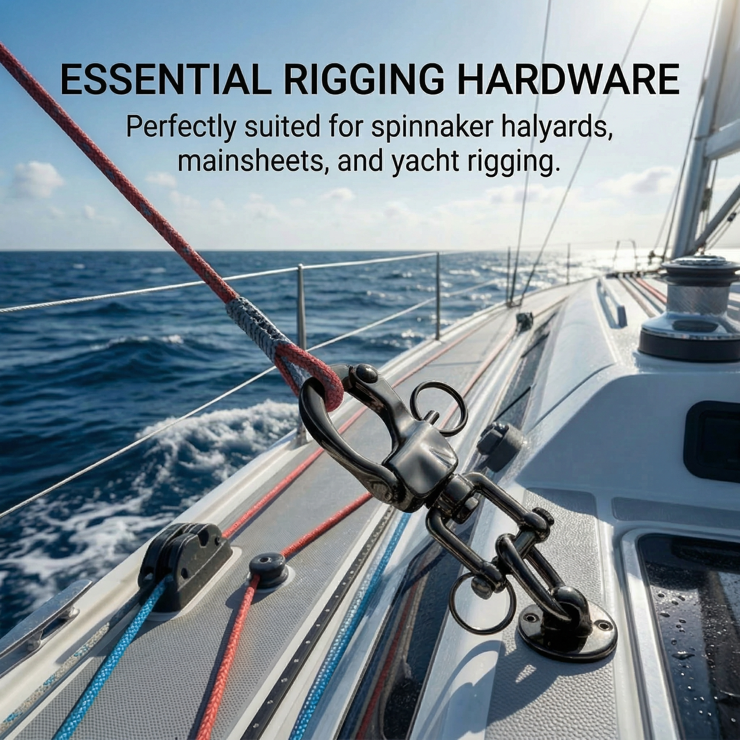 	RiaYer swivel snap shackle used as essential rigging hardware for sailboat spinnakers and halyards.