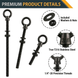 Display of extended thread black stainless steel eye bolts, designed to securely anchor into thick wood posts for outdoor suspension projects.