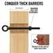 Installation diagram demonstrating an extended thread black eye bolt successfully passing completely through a thick wooden post for a secure bolted connection.