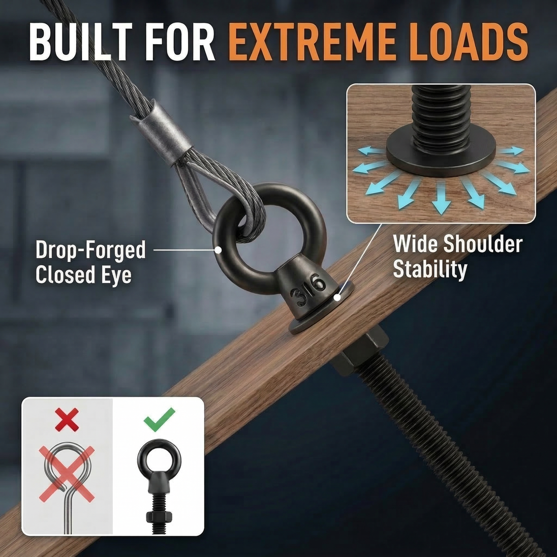 Product feature graphic emphasizing the extreme load capacity of a heavy-duty 6-inch black stainless steel eye bolt, shown securing a metal snap hook.