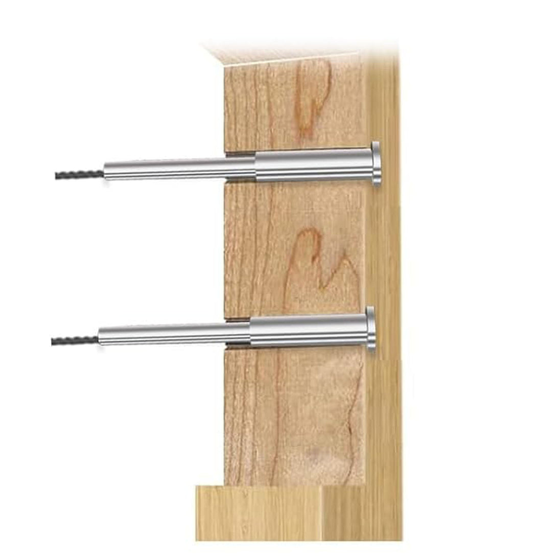 Cross section of wood post showing adjustment of flat head invisible cable tensioner
