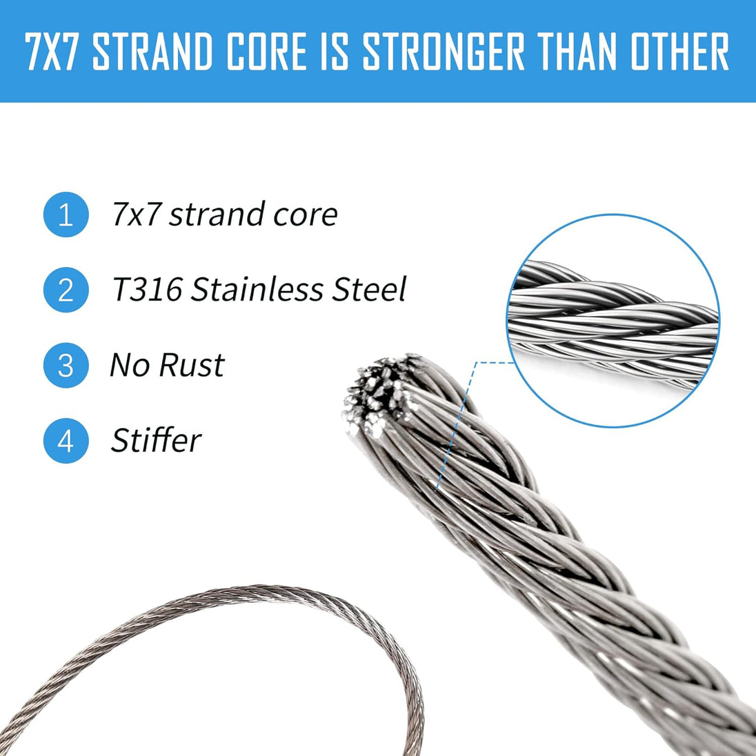 Flexible and strong 7x7 stainless steel wire rope core that resists unraveling.