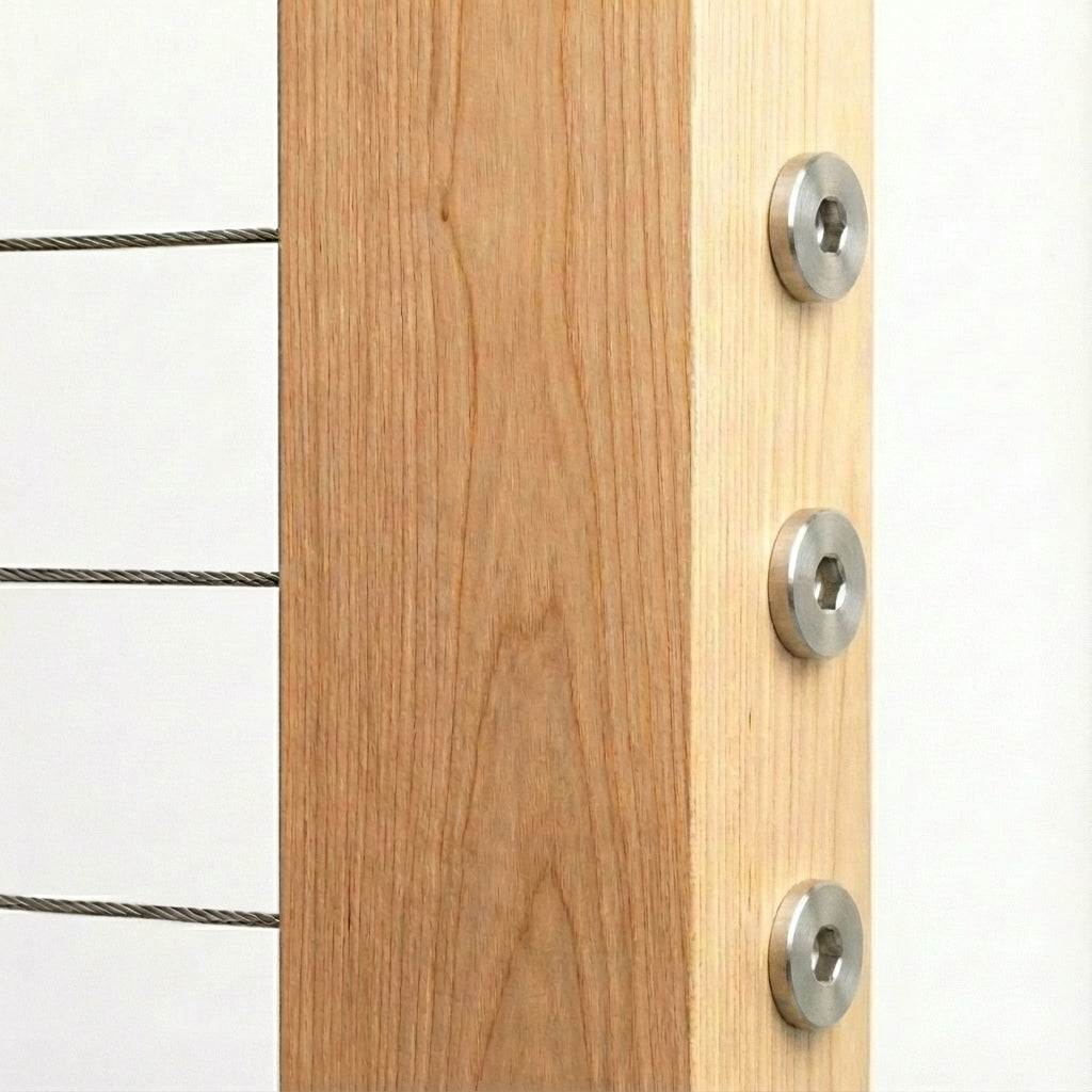 Flush mount flat head invisible cable railing hardware installed seamlessly on wood post