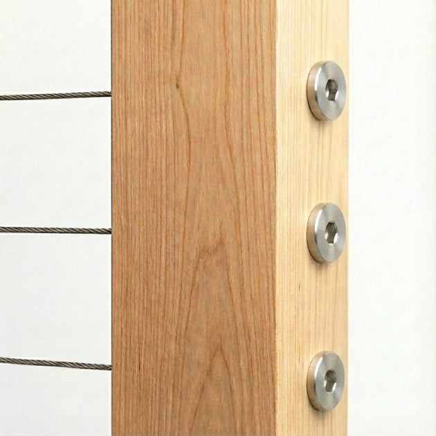 Flush mount flat head invisible cable railing hardware installed seamlessly on wood post