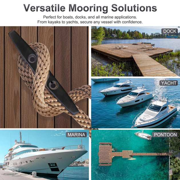 Collage showcasing versatile applications for flush-mount dock cleats, ideal for safely securing boats at marinas, private wooden piers, and yacht decks.