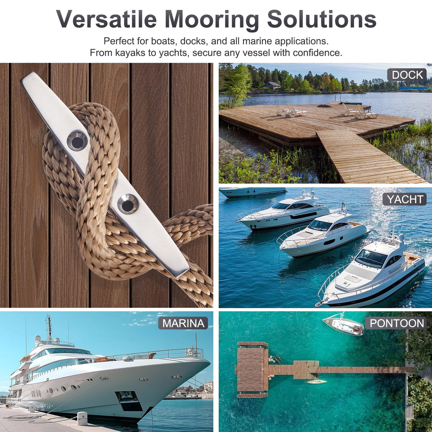 Graphic showing versatile installation options for a flush-mount folding boat cleat, ensuring a secure and trip-free fit on various marine deck surfaces.