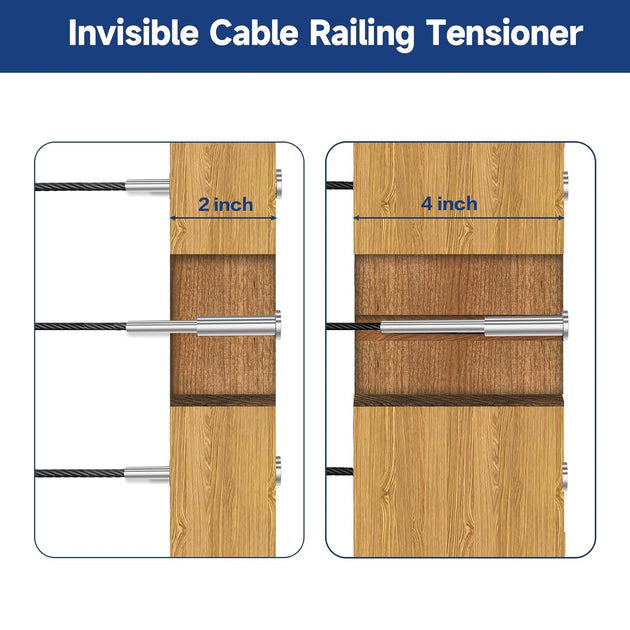 Flush mount invisible cable railing tensioners installed on a wood post