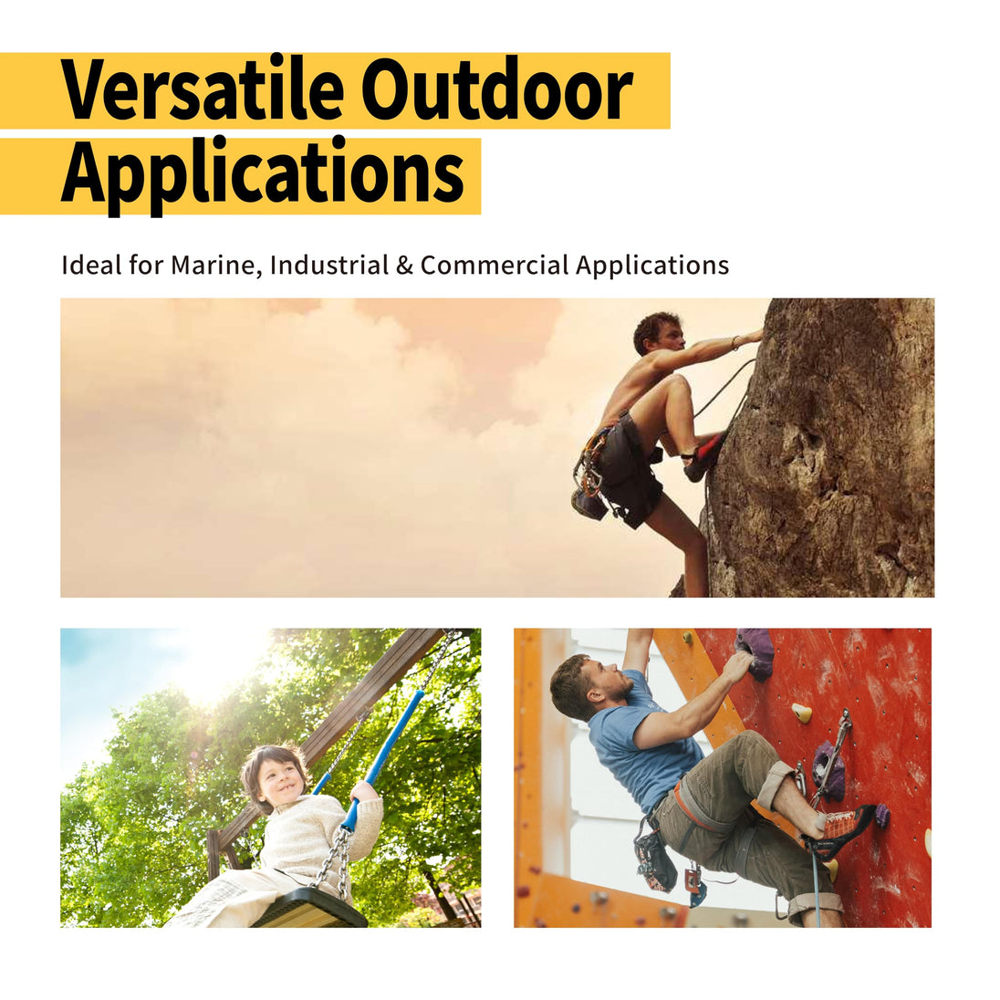 Collage showcasing the reliable use of stainless steel carabiners as heavy-duty connectors for aerial work, climbing, and outdoor rigging.