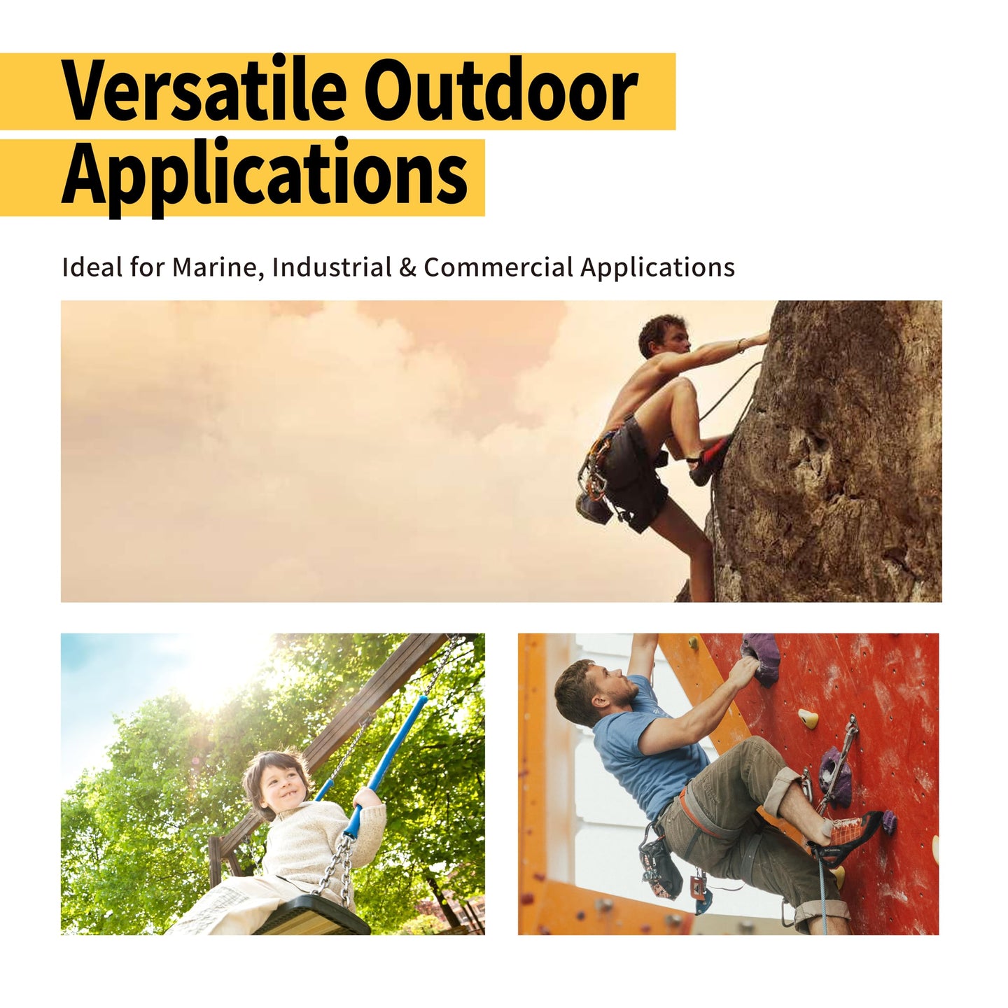 Collage showcasing the reliable use of stainless steel carabiners as heavy-duty connectors for aerial work, climbing, and outdoor rigging.