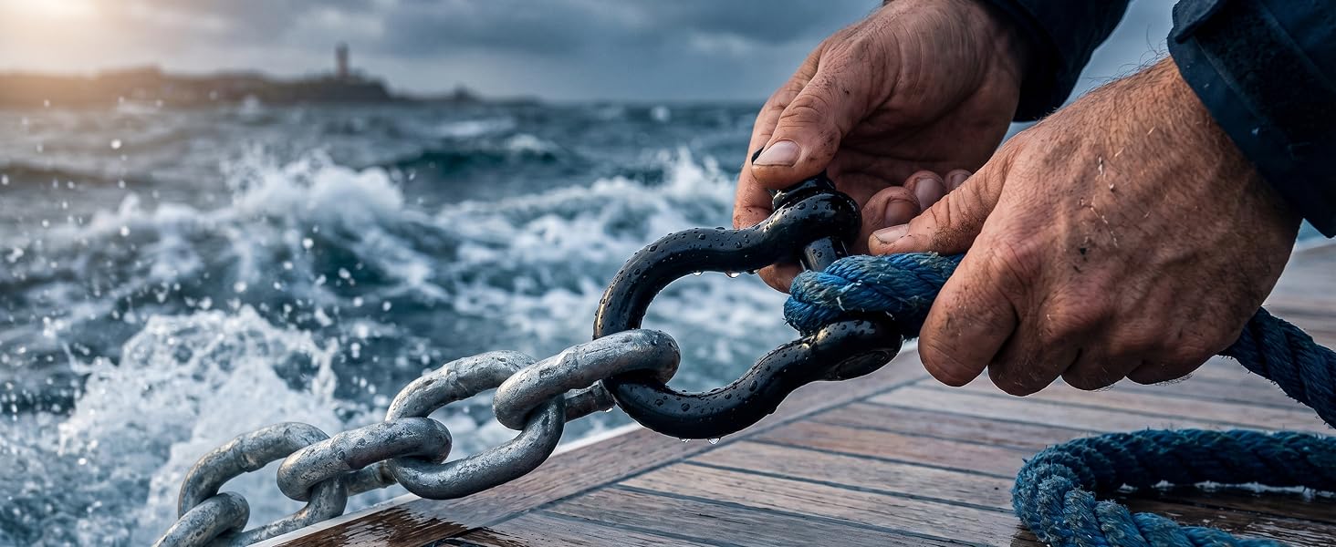 Extreme close-up of a worker's hands securing a thick blue mooring rope to a heavy metal chain using a rust-resistant black marine bow shackle. The hardware is wet from the crashing ocean waves in the background, demonstrating reliable and safe boat mooring at a wooden dock.