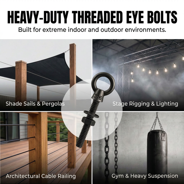 Versatile outdoor applications for RiaYer heavy duty black eye bolts including shade sails and marine tie-downs.