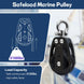 Technical graphic explaining the safe working load limit and heavy-duty lifting capabilities of the black marine-grade pulley block.