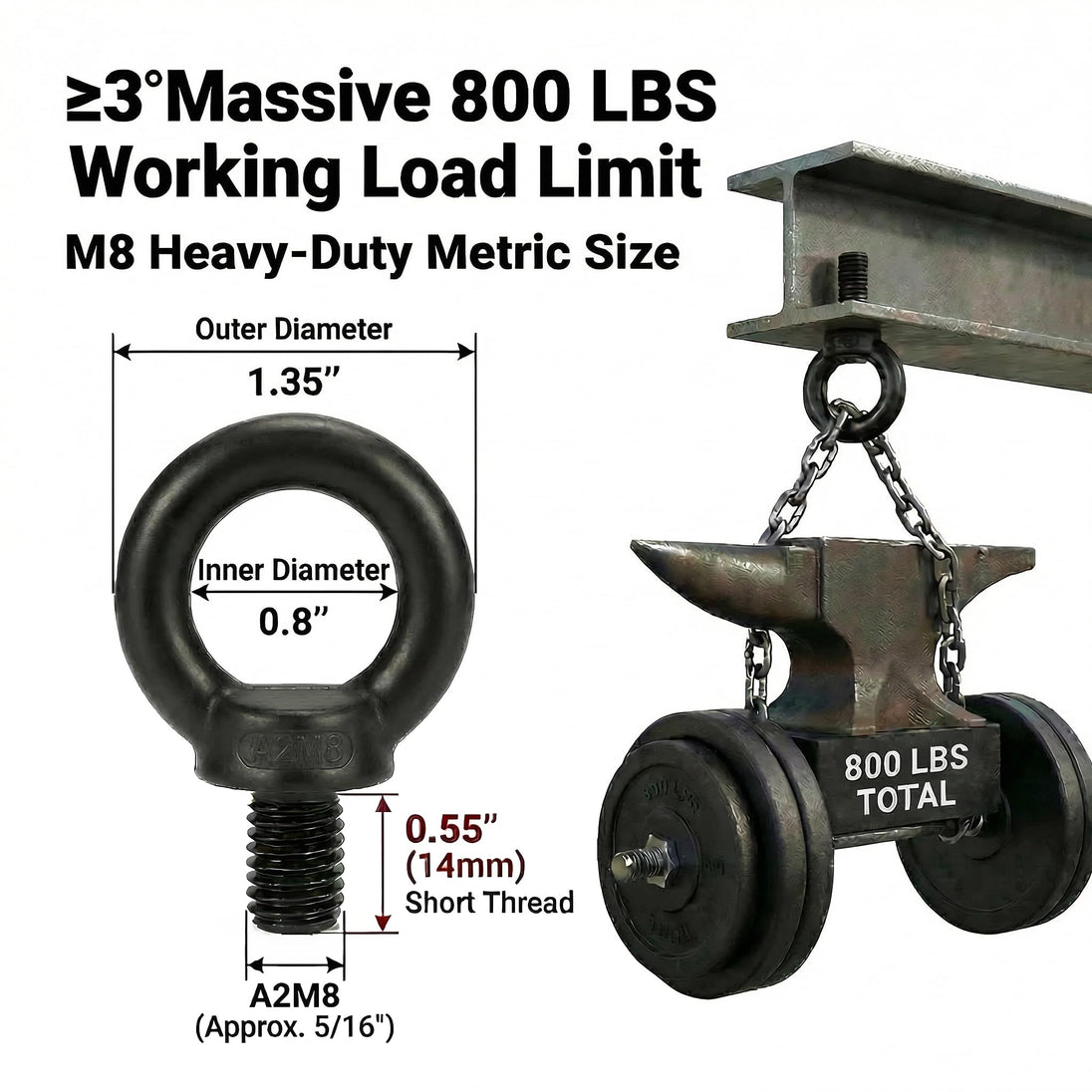 Product graphic indicating the massive safe working load limit of a black stainless steel pulley, making it highly reliable for backyard ziplines and climbing setups.