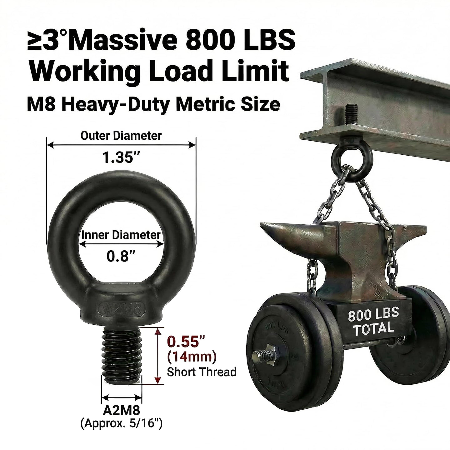 Product graphic indicating the massive safe working load limit of a black stainless steel pulley, making it highly reliable for backyard ziplines and climbing setups.
