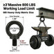 Product graphic indicating the massive safe working load limit of a black stainless steel pulley, making it highly reliable for backyard ziplines and climbing setups.