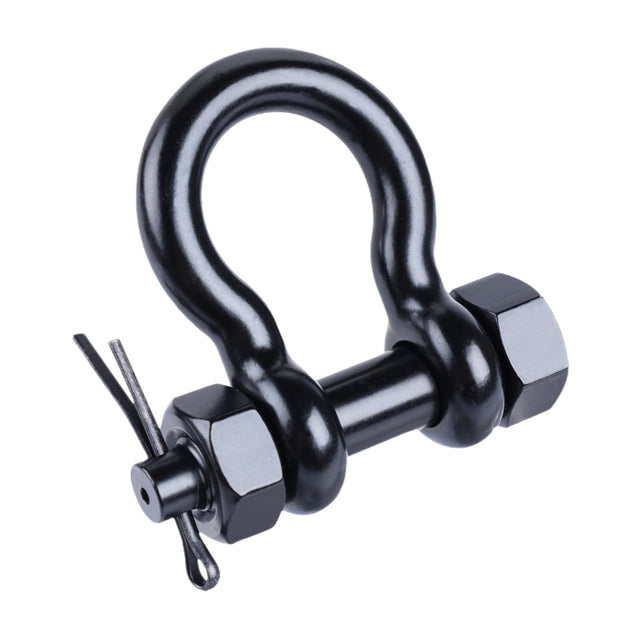 Studio isolated shot of a heavy-duty black marine bow shackle, featuring a highly secure bolt, nut, and safety cotter pin locking mechanism.