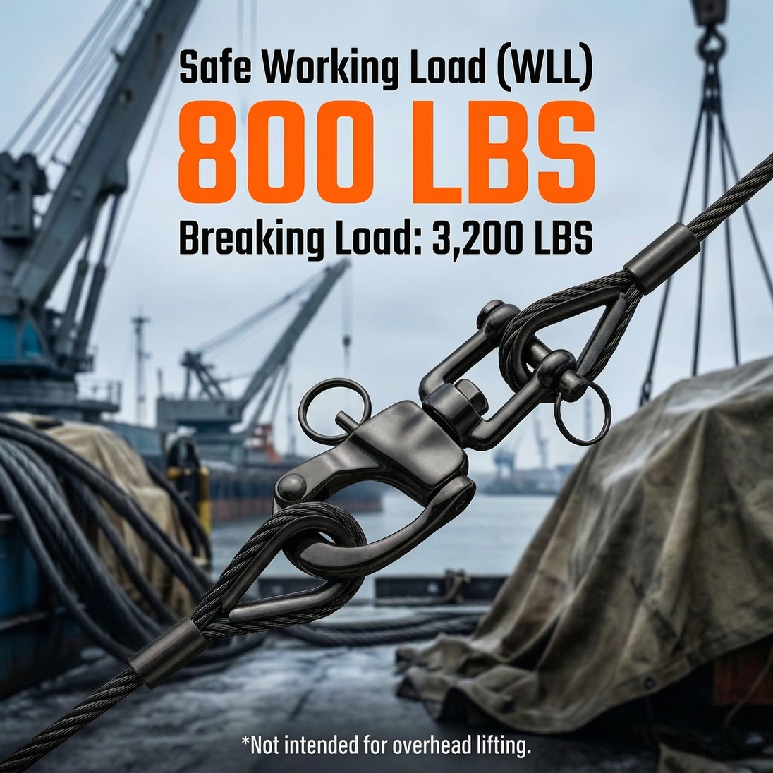 Heavy duty RiaYer black snap shackle demonstrating an 800 LBS safe working load limit in industrial use.