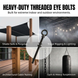 Collage showcasing versatile applications for heavy-duty black eye bolts, including anchoring sun shade sails, hanging punching bags, and suspending string lights.