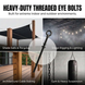 Collage showcasing versatile applications for heavy-duty black eye bolts, including anchoring sun shade sails, hanging string lights, and suspending punching bags.