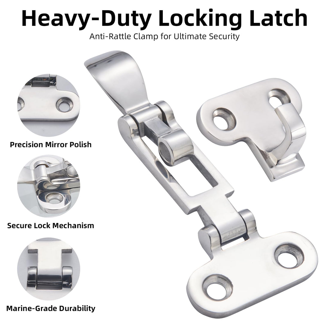 Detailed features of RiaYer heavy duty locking latch including mirror polish and cam mechanism.