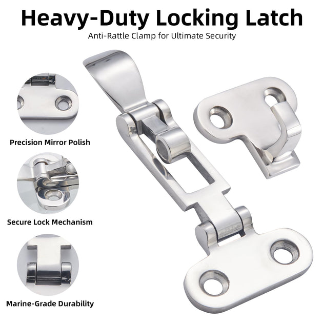 Detailed features of RiaYer heavy duty locking latch including mirror polish and cam mechanism.