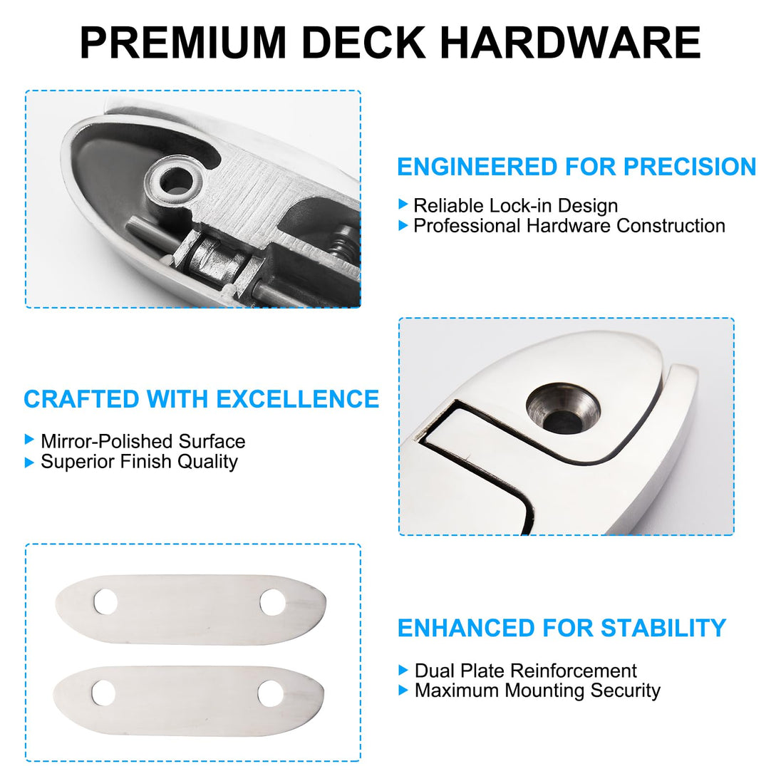 Heavy duty marine mooring cleat including a stainless steel backing plate for strength