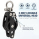 Infographic detailing the smooth operation and anti-twist swivel features of the black marine-grade pulley block, designed for heavy industrial and outdoor lifting.