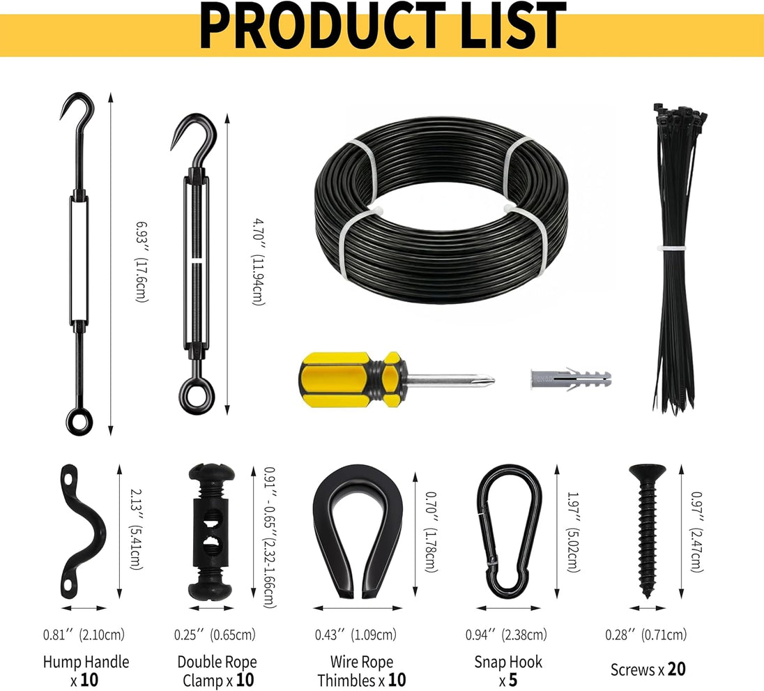 Informational graphic listing all the essential parts included in a heavy-duty outdoor wire rigging kit, featuring black coated cables and fastening hardware.