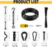 Informational graphic listing all the essential parts included in a heavy-duty outdoor wire rigging kit, featuring black coated cables and fastening hardware.