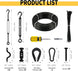 Informational graphic listing all the essential parts included in a heavy-duty outdoor wire rigging kit, featuring black coated cables and fastening hardware.