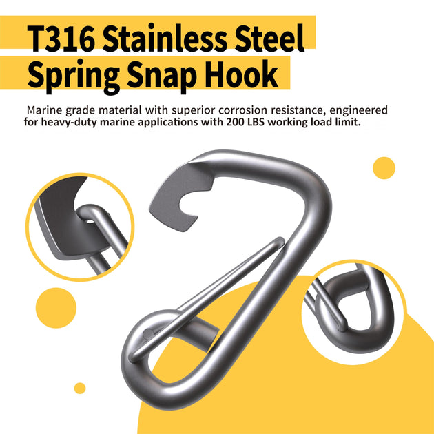 Product graphic highlighting the quick-close safety spring lock mechanism of the stainless steel carabiner, ensuring fast and secure rigging connections.