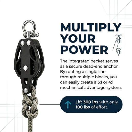 Diagram showing a heavy-duty rope hoist pulley setup designed to multiply lifting power for industrial applications and home gym equipment.