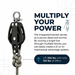 Diagram showing a heavy-duty rope hoist pulley setup designed to multiply lifting power for industrial applications and home gym equipment.
