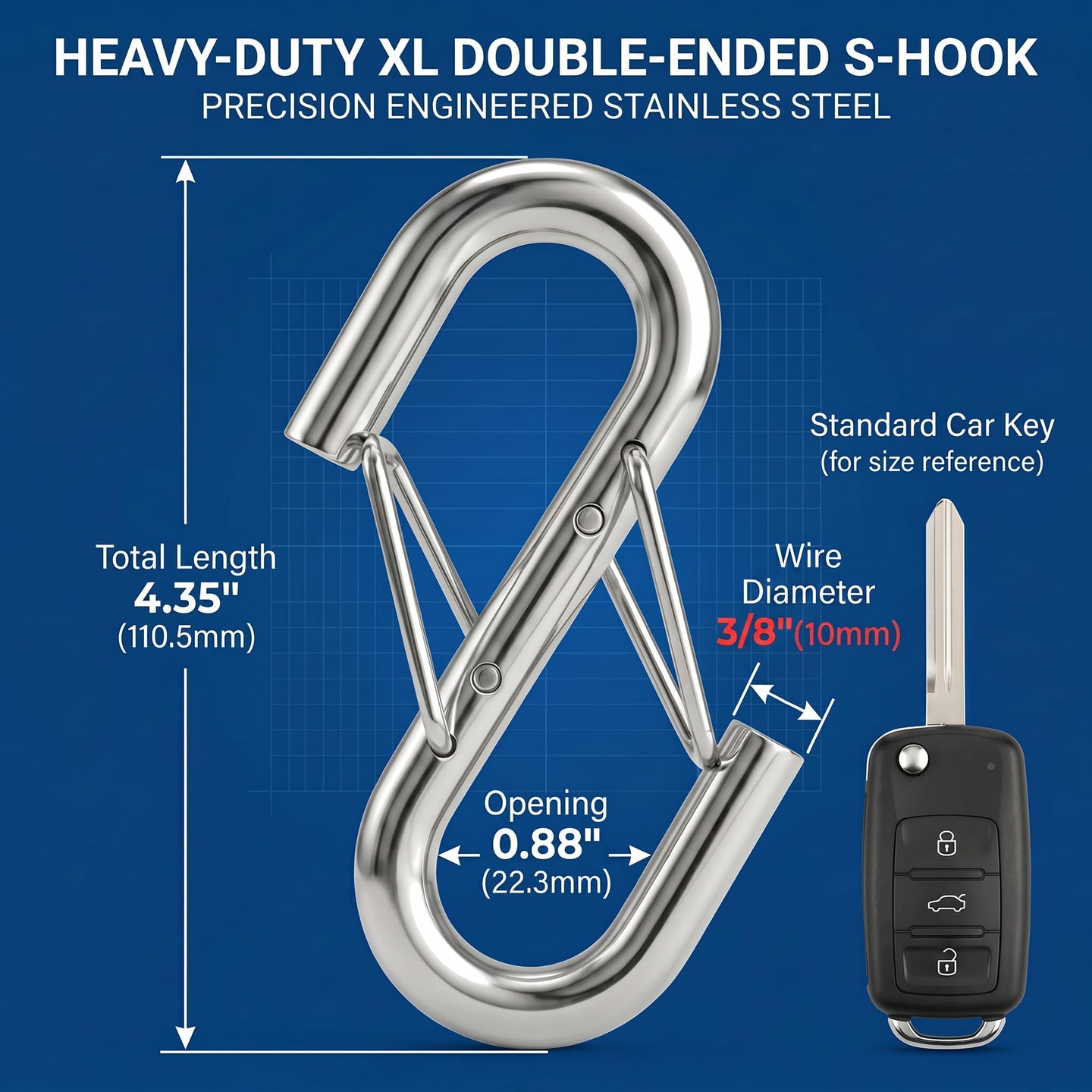 Sizing and dimensions of 3/8 inch safety chain hook compared to a standard car key