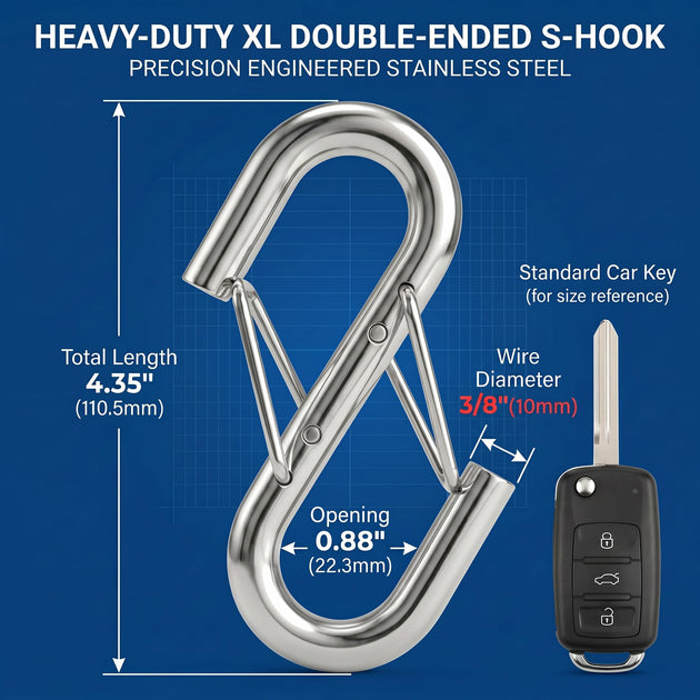 Sizing and dimensions of 3/8 inch safety chain hook compared to a standard car key