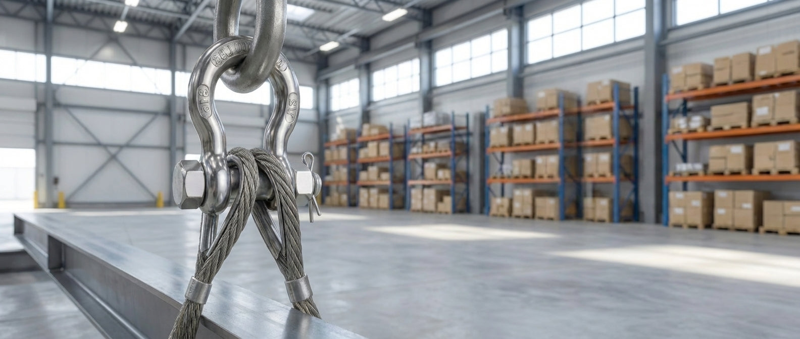 Close-up of a heavy-duty stainless steel bow shackle with a nut and safety cotter pin, connecting thick wire rope slings to lift a massive steel beam. The background is a bright, modern industrial warehouse with pallet racks.