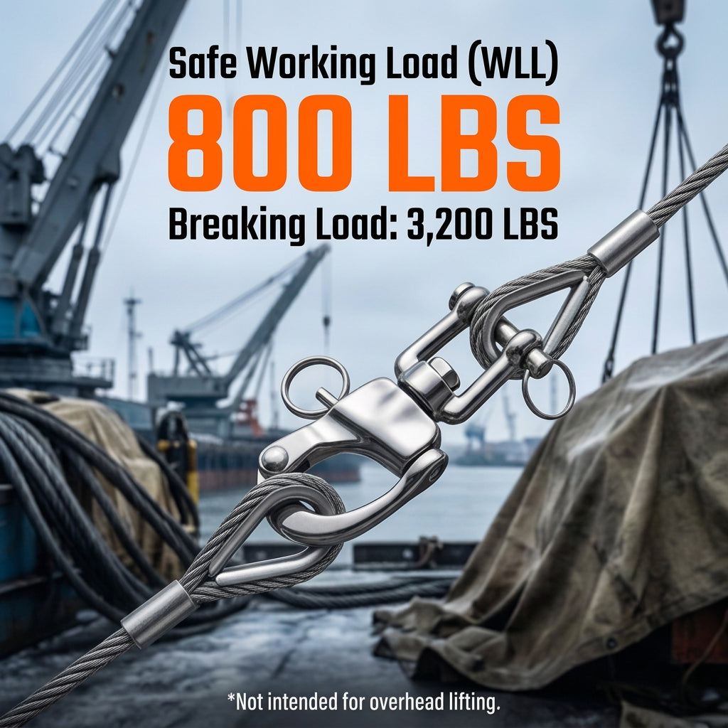 Heavy duty RiaYer silver snap shackle demonstrating an 800 LBS safe working load limit in marine environments.