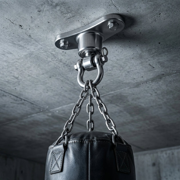 RiaYer heavy duty ceiling hook mounting a punching bag to a concrete ceiling.