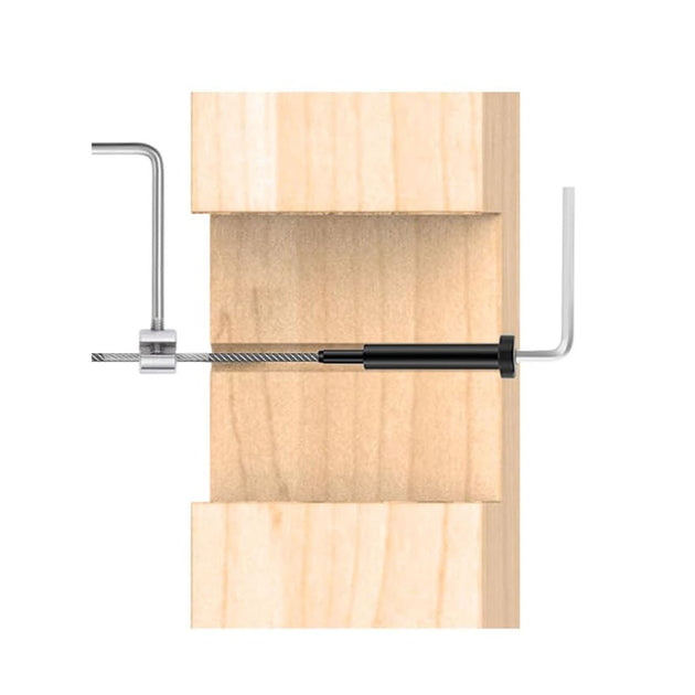 Cross section showing black invisible cable railing tensioner hidden inside a wood post