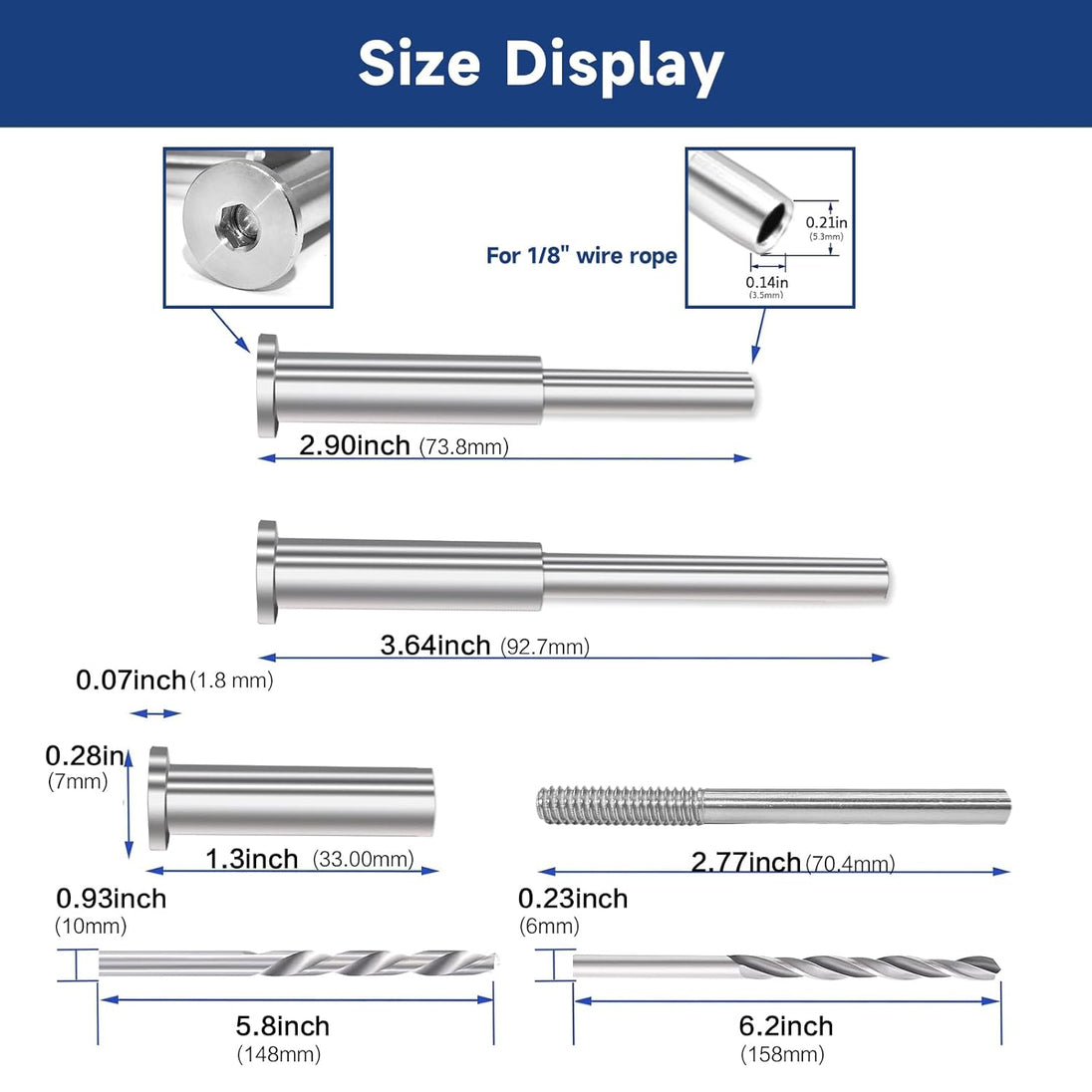 Detailed size chart for T316 stainless steel hidden turnbuckle receiver