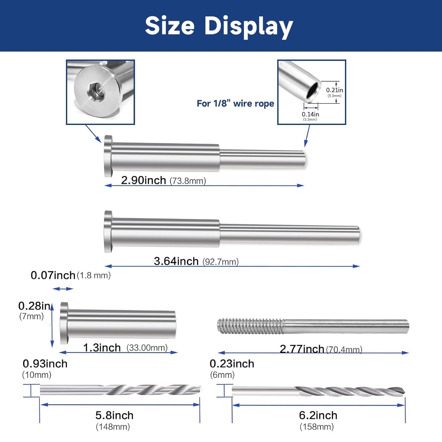 Detailed size chart for T316 stainless steel hidden turnbuckle receiver