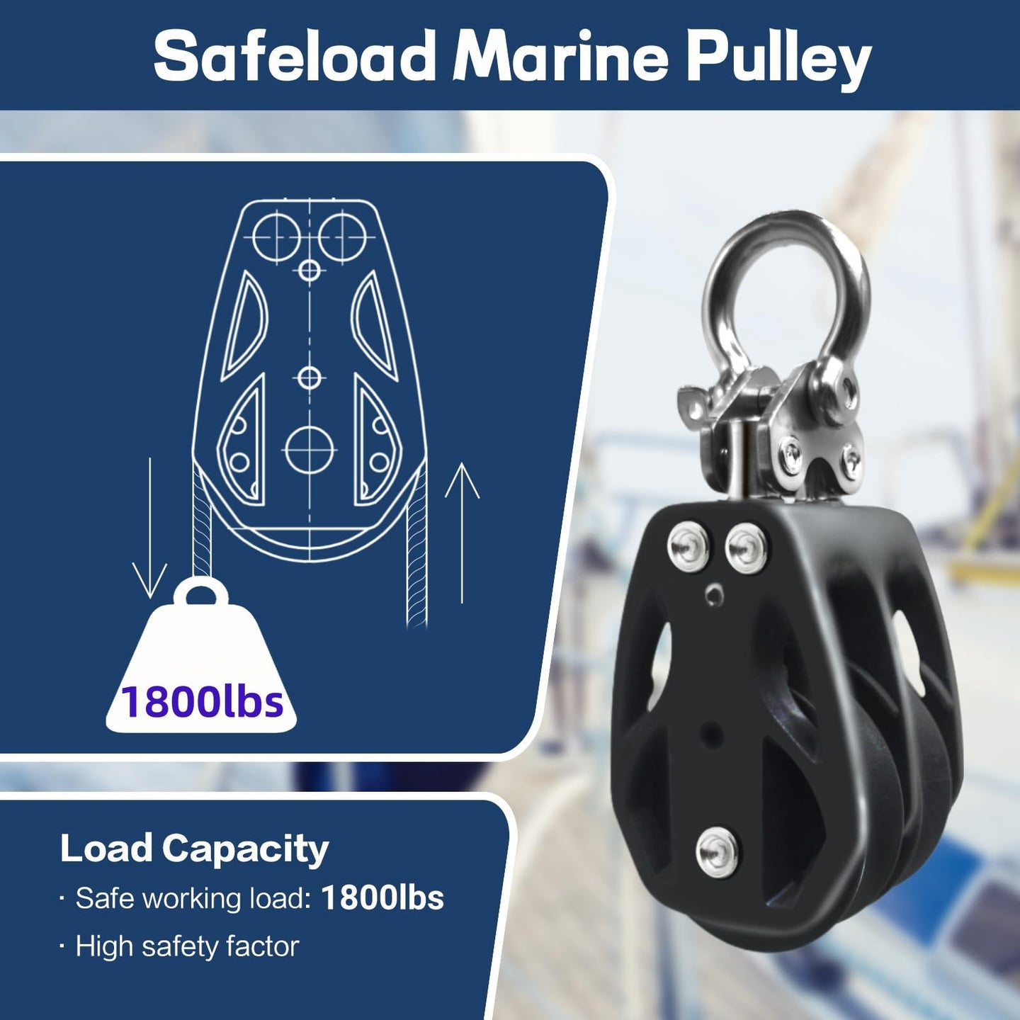 High capacity double sheave marine pulley block by RiaYer showing maximum line size compatibility.
