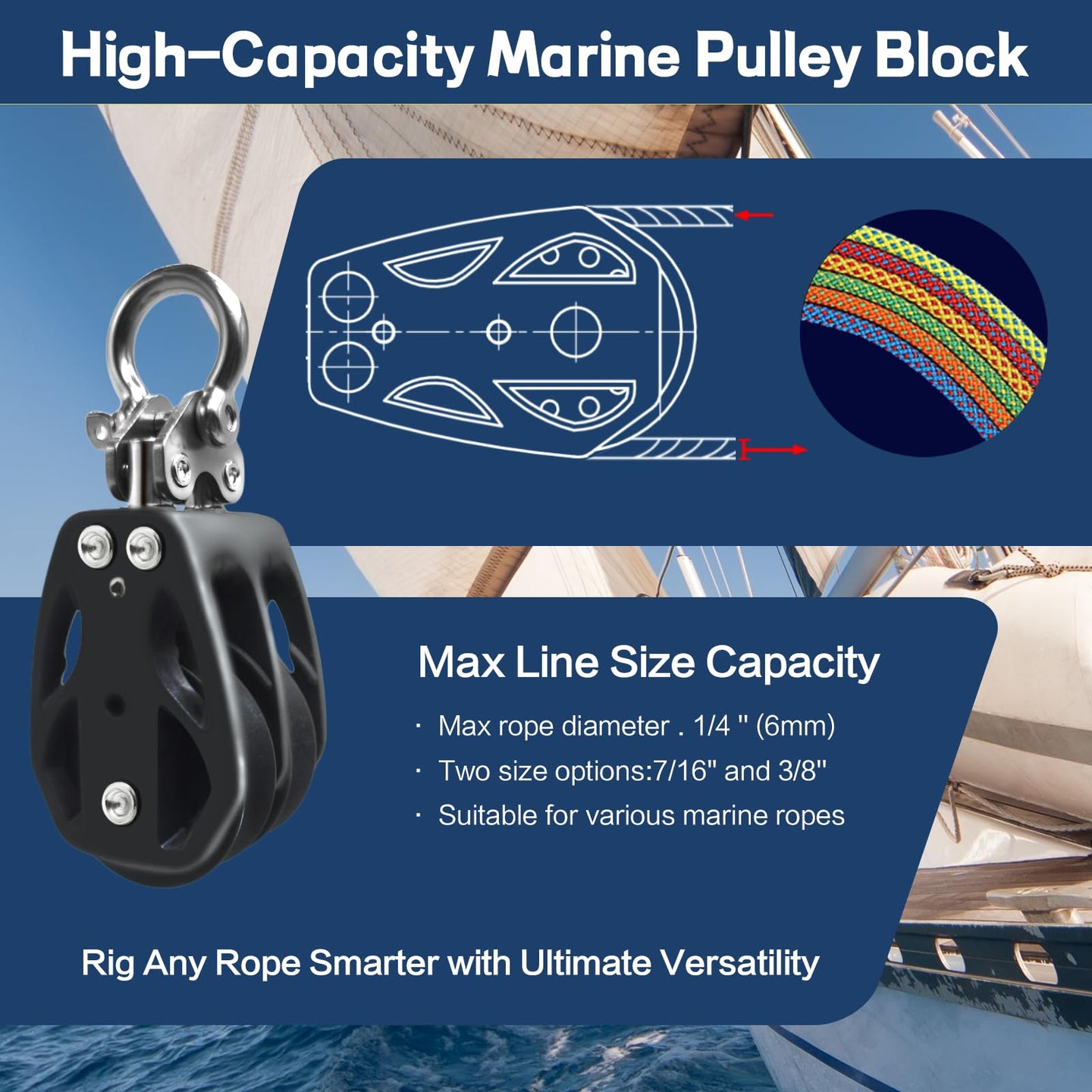 High capacity marine pulley block by RiaYer showcasing maximum rope diameter compatibility and versatile rigging usage.
