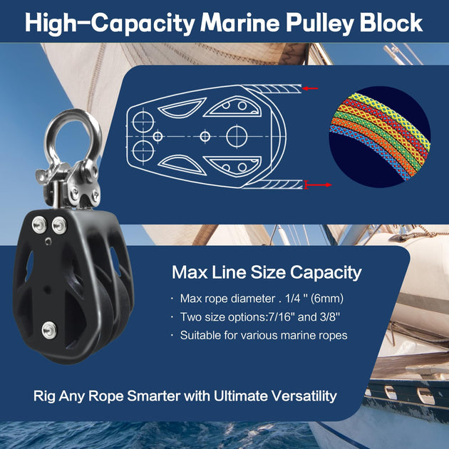 High capacity marine pulley block by RiaYer showcasing maximum rope diameter compatibility and versatile rigging usage.