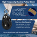 Max line size compatibility for RiaYer high-capacity marine pulley blocks.