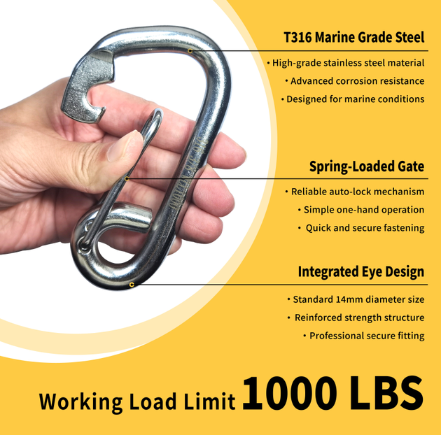 A person holding a stainless steel eyelet snap hook, with graphics indicating its compact size yet impressive high load capacity for secure rigging.