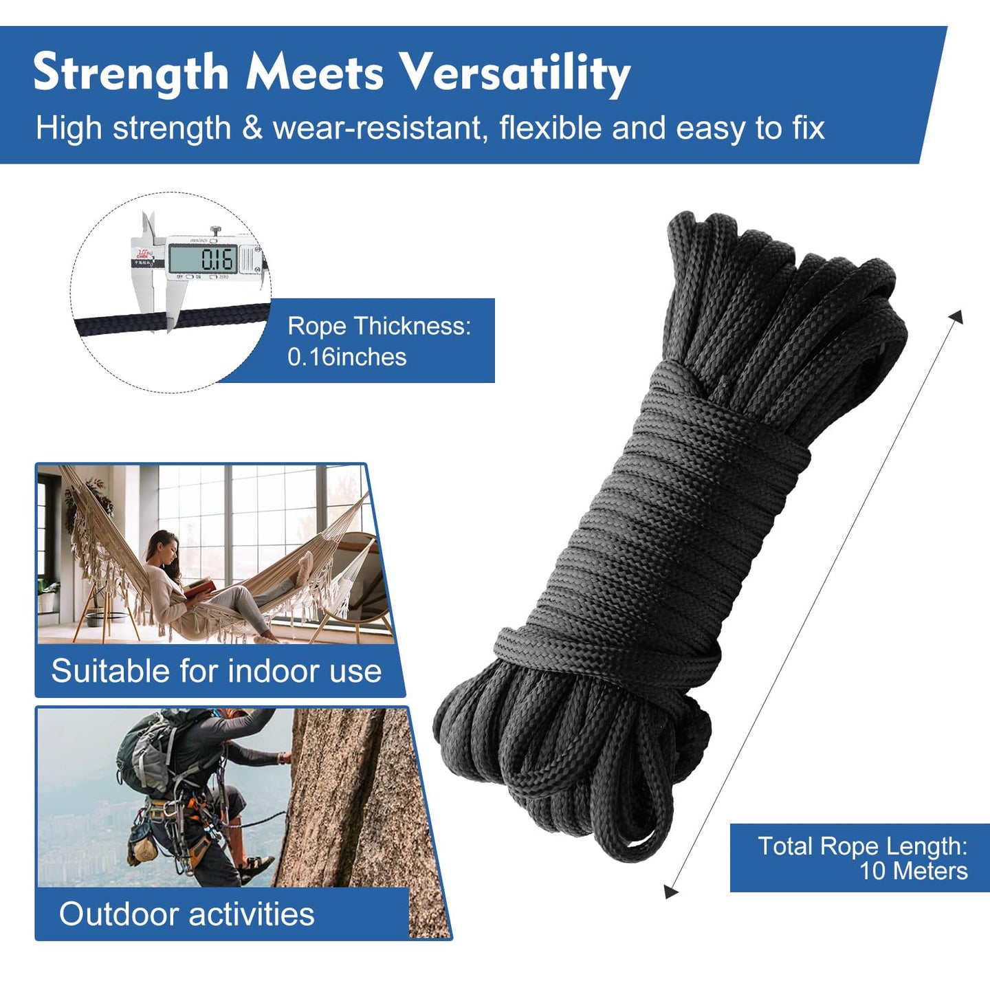 Product graphic highlighting the features of the high-strength braided nylon rope included in the pulley block kit, emphasizing its durability for heavy lifting tasks.