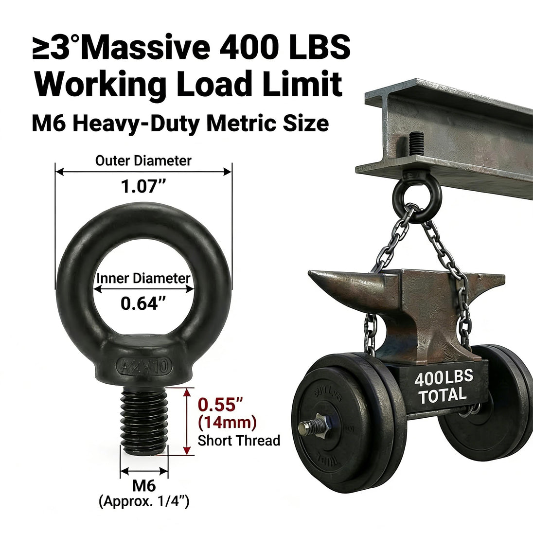 Information graphic showcasing the high load rating of a black stainless pulley block, an ideal component for building DIY home gym cable machines.