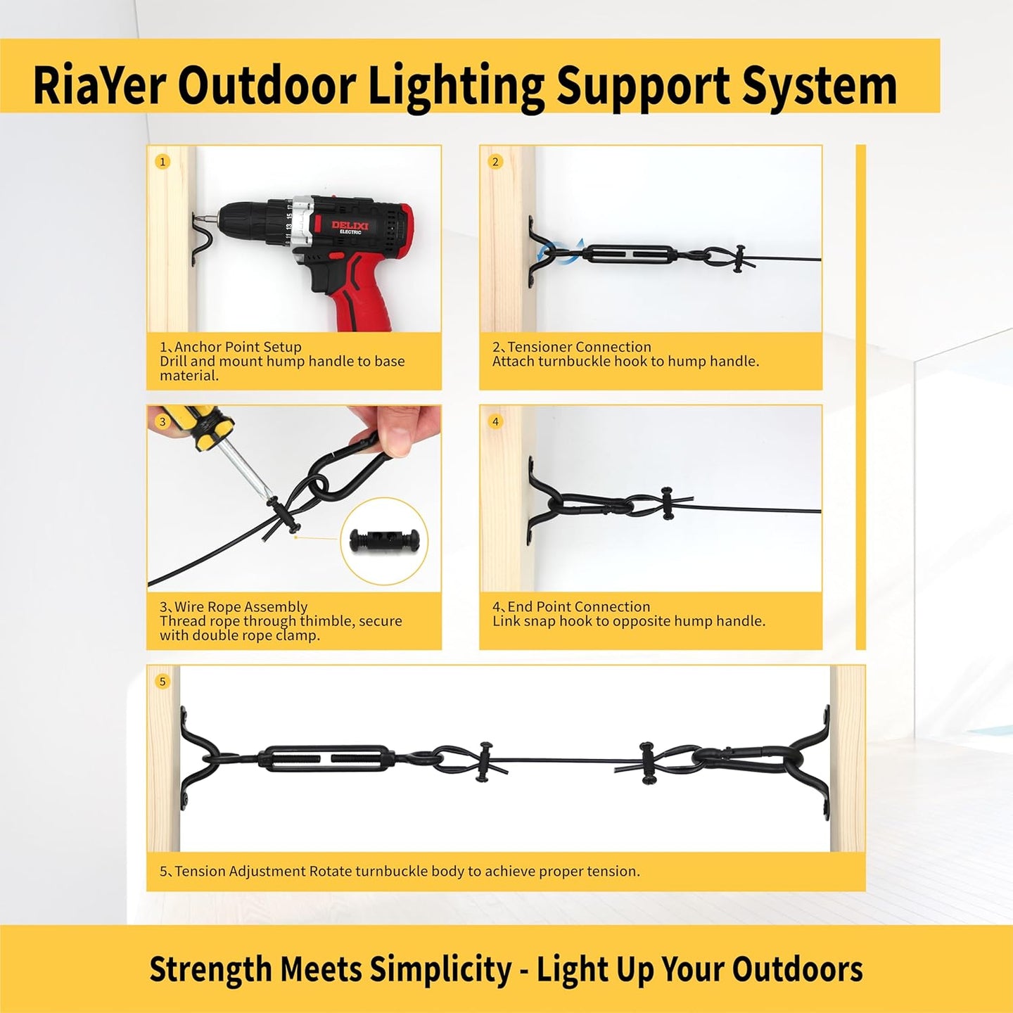 Step-by-step instructional guide showing how to use a power drill to install screw eye hooks into wood posts for an outdoor lighting support system.