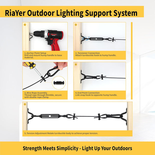 Step-by-step instructional guide showing how to use a power drill to install screw eye hooks into wood posts for an outdoor lighting support system.
